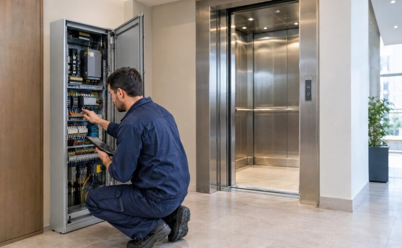 Tecnico inspeccionando el sistema de control de un ascensor para evaluar posibles mejoras y actualizaciones